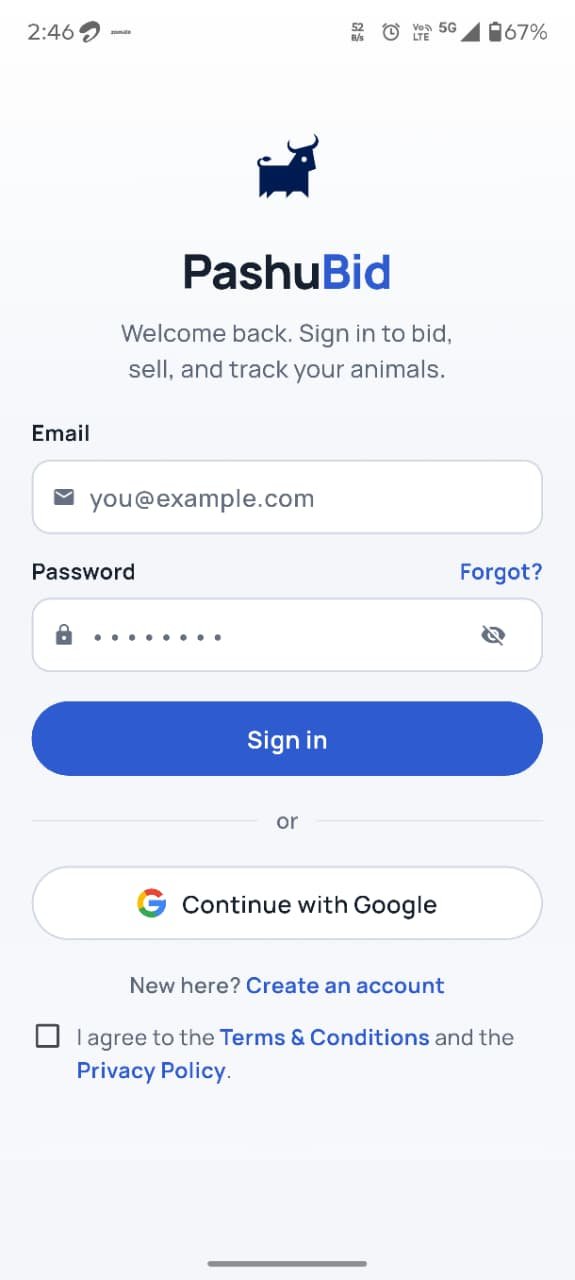 PashuBid app — sign in to bid, sell and manage your animals